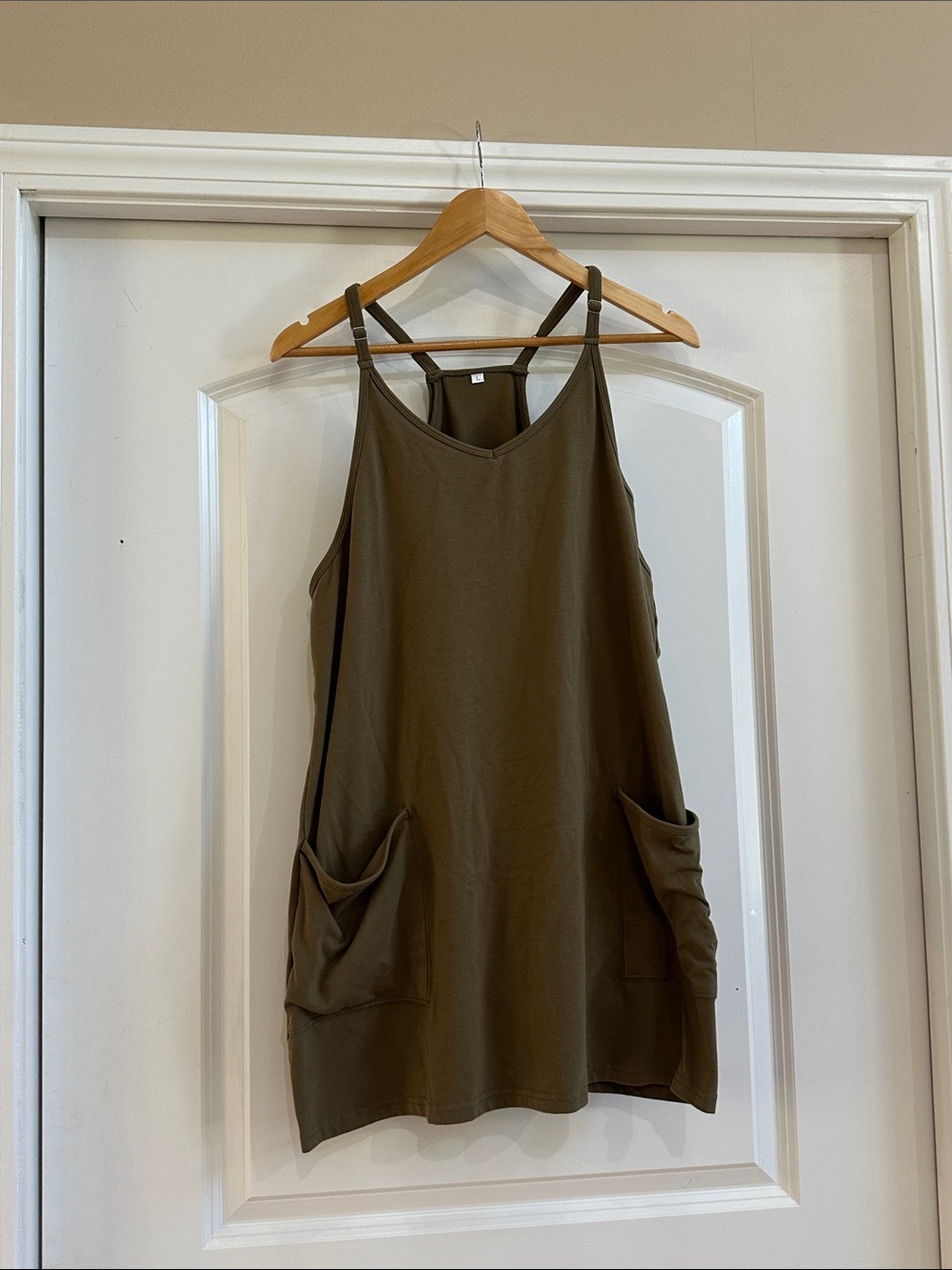 Olive Green Strappy Pocket Dress with Built-in bodysuit/bilker shorts